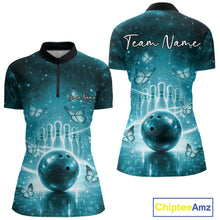 Load image into Gallery viewer, Custom Blue Butterfly Women Bowling Quarter-Zip Shirt, Ladies Bowling League Shirt IPHW10922