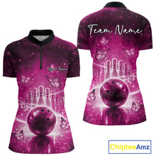 Load image into Gallery viewer, Custom Pink Butterfly Women Bowling Quarter-Zip Shirt, Ladies Bowling League Shirt IPHW10923