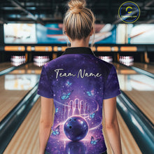 Load image into Gallery viewer, Custom Blue And Purple Butterfly Women Bowling Shirt, Ladies Bowling League Shirt IPHW10925