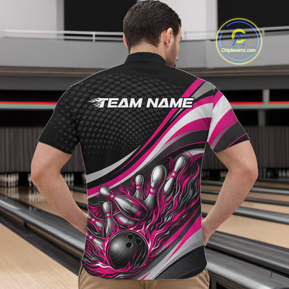 Male model in a bowling lane wearing a black and pink quarter-zip shirt, bowling strike scene with flaming ball and pins artwork.