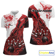 Load image into Gallery viewer, Custom Red Flame Bowling Women Quarter-Zip Shirt, Bowling Team League Shirt IPHW11242