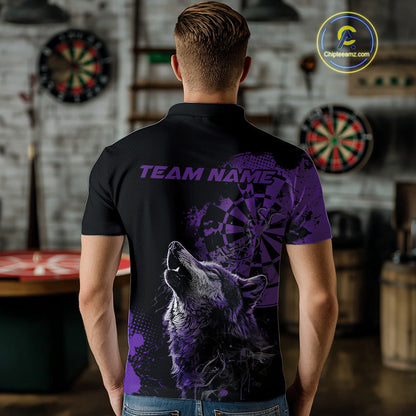 Custom Black And Purple Splatter Grunge Dart Wolf Men Polo Shirts, Wolf Dart Team Jerseys IPHW10011