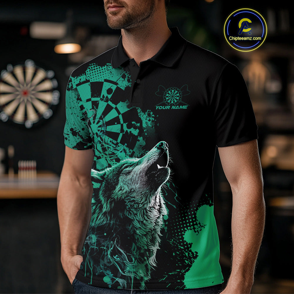 Custom Black And Green Splatter Grunge Dart Wolf Men Polo Shirts, Wolf Dart Team Jerseys IPHW10013