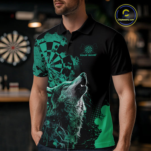 Custom Black And Green Splatter Grunge Dart Wolf Men Polo Shirts, Wolf Dart Team Jerseys IPHW10013