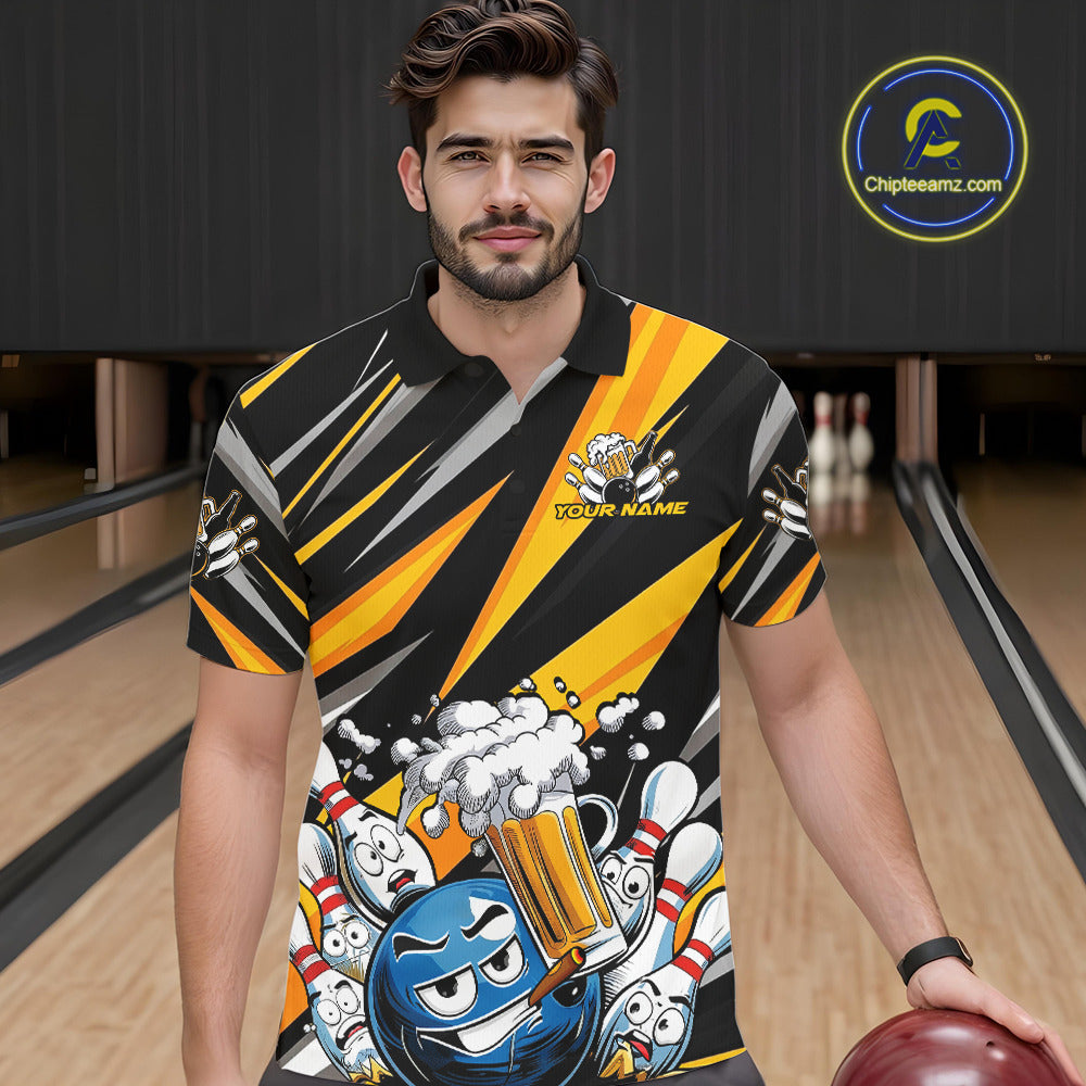 Custom Black And Yellow Funny Bowling And Beer Party Polo Shirts For Men, Bowler Outfit IPHW9830