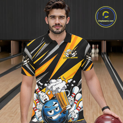 Custom Black And Yellow Funny Bowling And Beer Party Polo Shirts For Men, Bowler Outfit IPHW9830