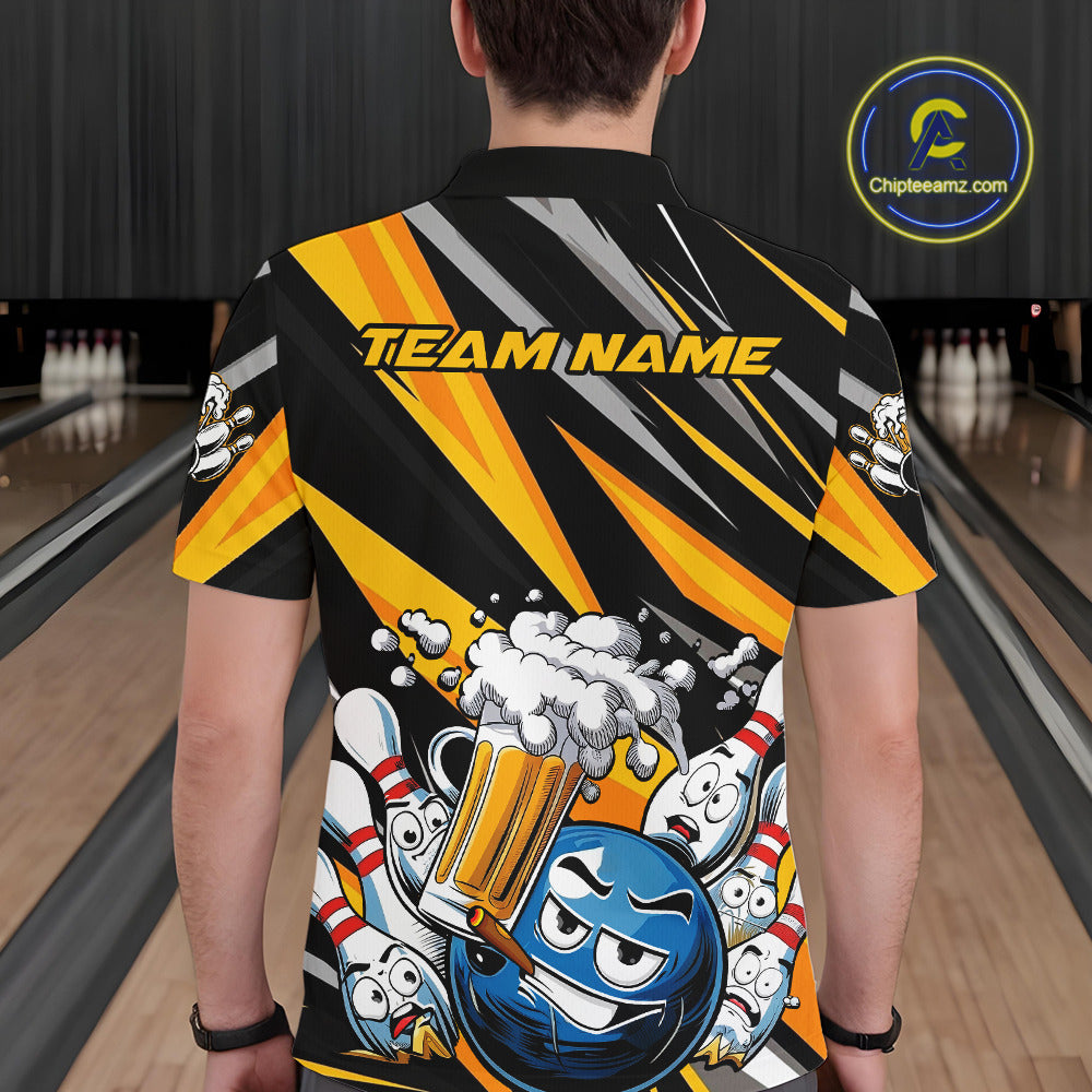 Custom Black And Yellow Funny Bowling And Beer Party Polo Shirts For Men, Bowler Outfit IPHW9830