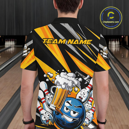 Custom Black And Yellow Funny Bowling And Beer Party Polo Shirts For Men, Bowler Outfit IPHW9830