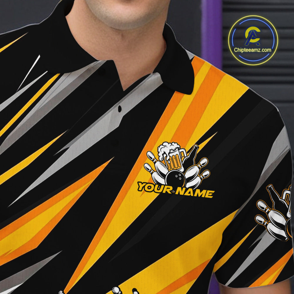 Custom Black And Yellow Funny Bowling And Beer Party Polo Shirts For Men, Bowler Outfit IPHW9830