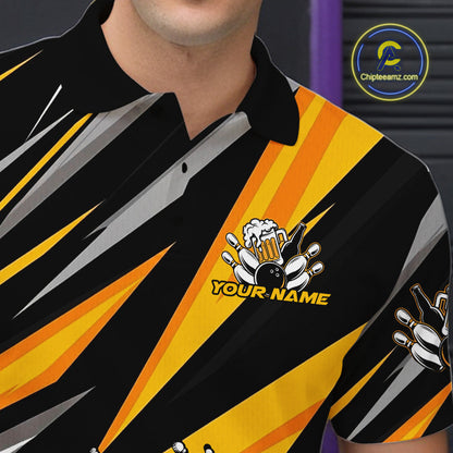Custom Black And Yellow Funny Bowling And Beer Party Polo Shirts For Men, Bowler Outfit IPHW9830