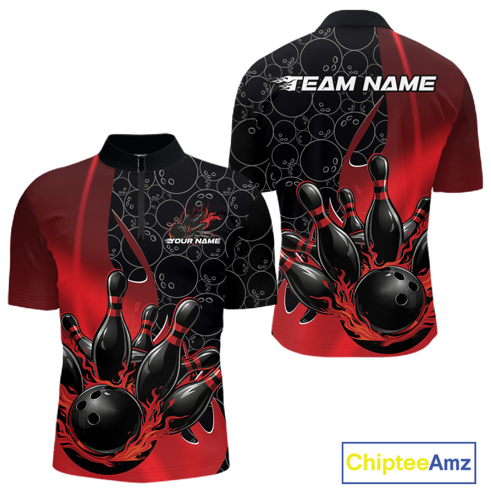 Mens quarter zip bowling shirt mockup showcasing black and red design with flaming black bowling ball striking pins and subtle gradient bowling ball pattern