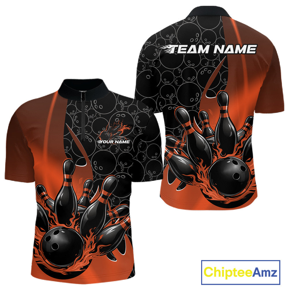 Mens quarter zip bowling shirt mockup front and back, black and orange shirt with bowling ball pattern, gradients and flaming bowling ball striking pins artwork