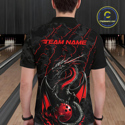 Custom Gray And Red Camo Dragon Claws Bowling Men Polo Shirts, Team Bowling Jerseys IPHW9855