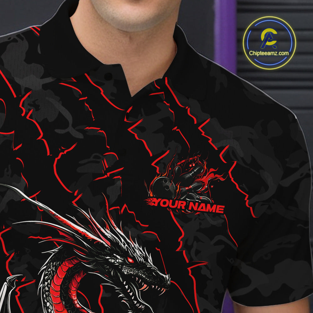 Custom Gray And Red Camo Dragon Claws Bowling Men Polo Shirts, Team Bowling Jerseys IPHW9855