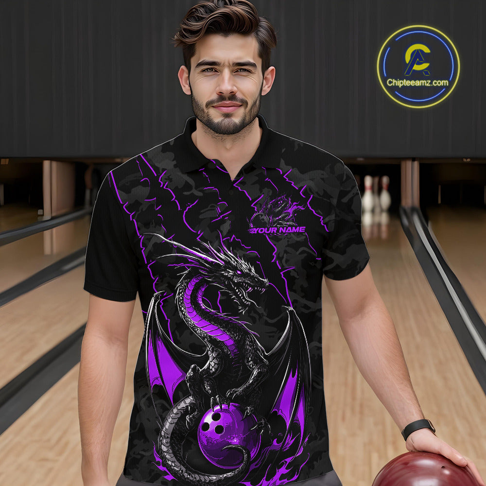 Custom Gray And Purple Camo Dragon Claws Bowling Men Polo Shirts, Team Bowling Jerseys IPHW9856