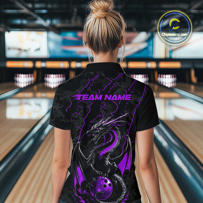 Custom Gray And Purple Camo Dragon Claws Bowling Women Polo Shirts, Team Bowling Jerseys IPHW9856