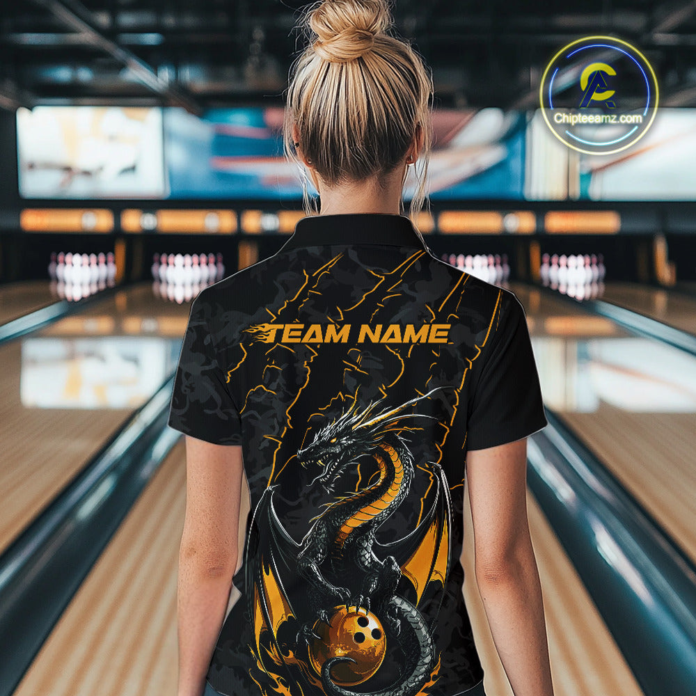 Custom Gray And Yellow Camo Dragon Claws Bowling Women Polo Shirts, Team Bowling Jerseys IPHW9857