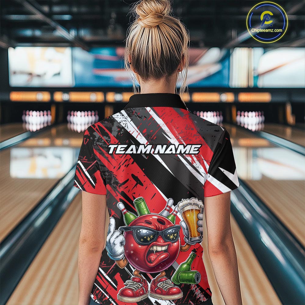 Custom Funny Bowling Ball Drink Beer Bowling Women Polo Shirt, Grunge Red Team Shirt IPHW10117