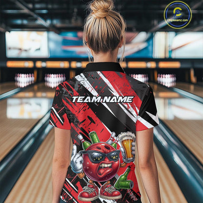 Custom Funny Bowling Ball Drink Beer Bowling Women Polo Shirt, Grunge Red Team Shirt IPHW10117