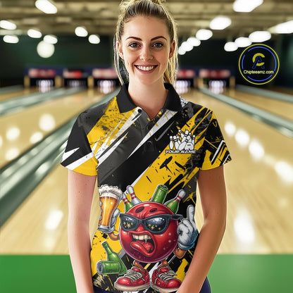 Custom Funny Bowling Ball Drink Beer Bowling Women Polo Shirt, Grunge Yellow Team Shirt IPHW10119
