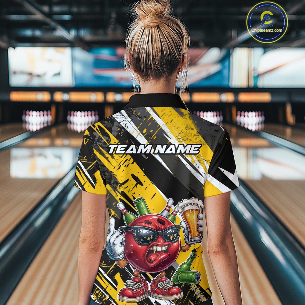 Custom Funny Bowling Ball Drink Beer Bowling Women Polo Shirt, Grunge Yellow Team Shirt IPHW10119