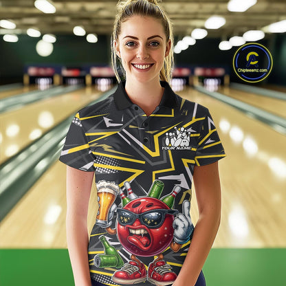 Custom Funny Bowling Ball Drink Beer Bowling Women Polo Shirt, Yellow Bowling Team Shirt IPHW10120
