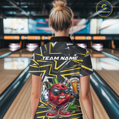 Custom Funny Bowling Ball Drink Beer Bowling Women Polo Shirt, Yellow Bowling Team Shirt IPHW10120