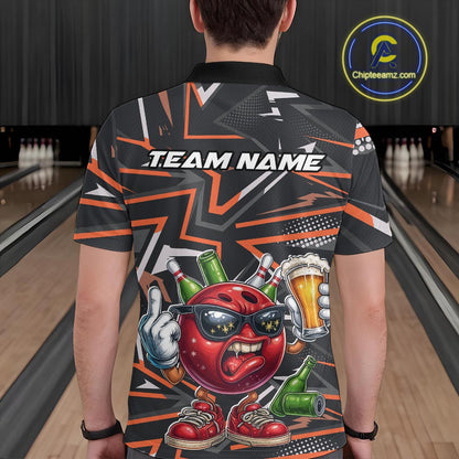Custom Funny Bowling Ball Drink Beer Bowling Men Polo Shirt, Orange Bowling Team Shirt IPHW10121