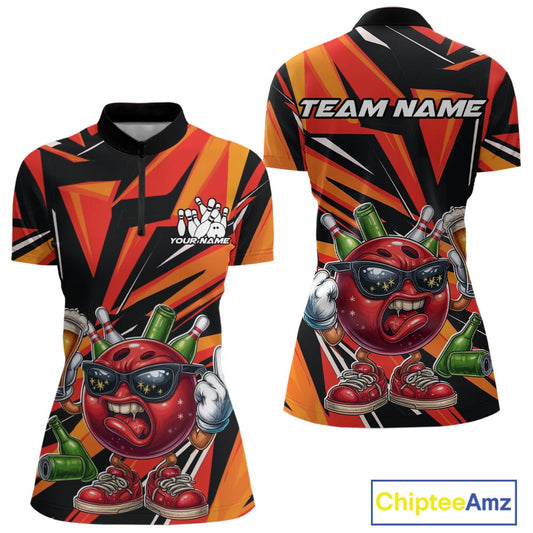 Custom Funny Bowling Ball Drink Beer Bowling Women Quarter-Zip Shirt, Orange Team Shirt IPHW10122