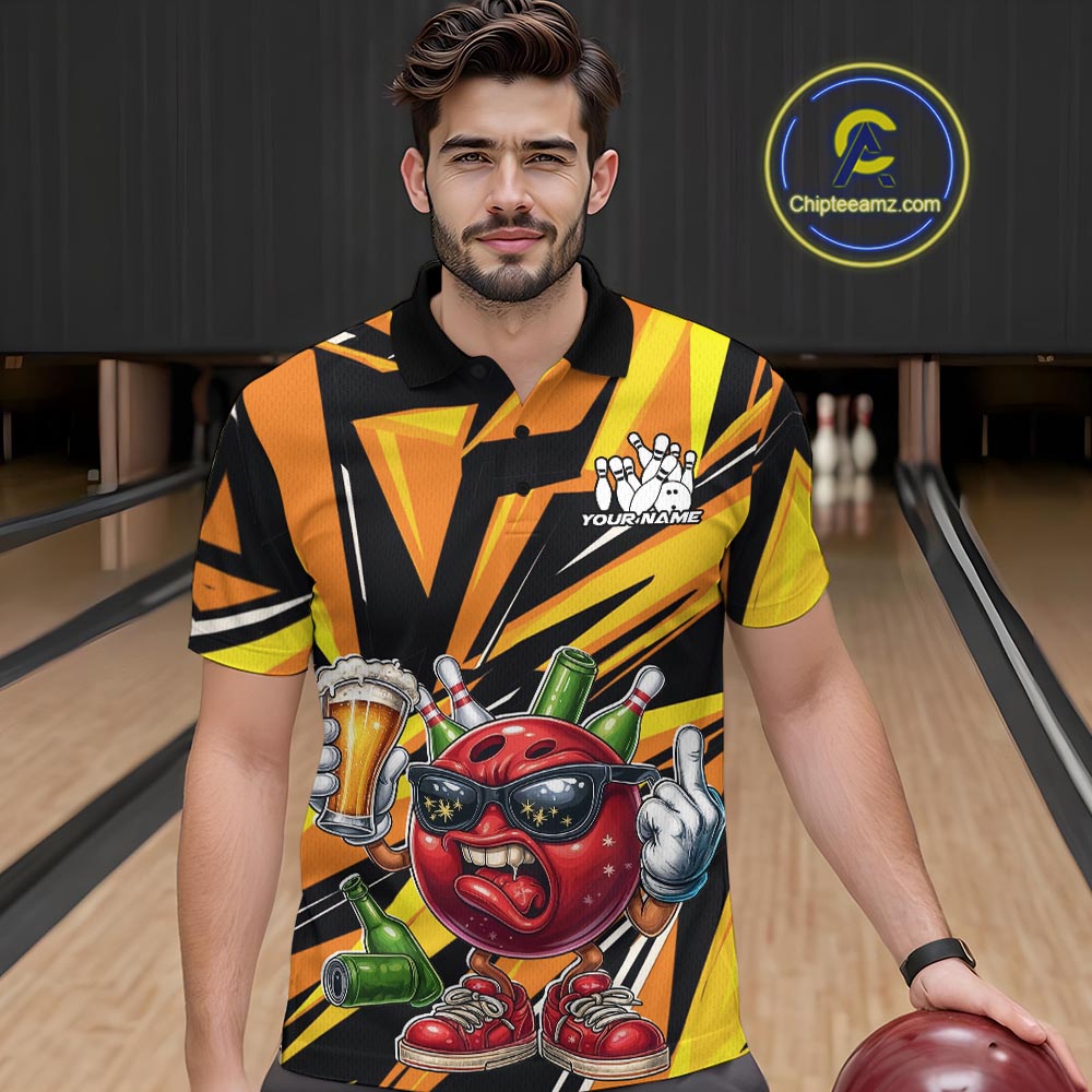 Custom Funny Bowling Ball Drink Beer Bowling Men Polo Shirt, Yellow Bowling Team Shirt IPHW10123