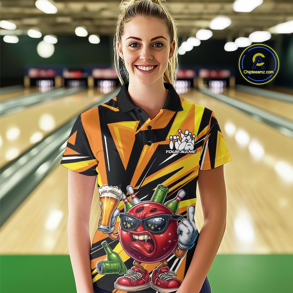 Custom Funny Bowling Ball Drink Beer Bowling Women Polo Shirt, Yellow Bowling Team Shirt IPHW10123