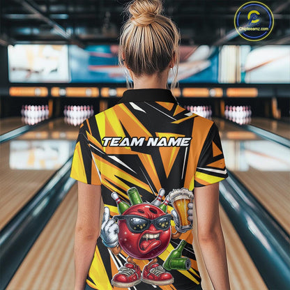 Custom Funny Bowling Ball Drink Beer Bowling Women Polo Shirt, Yellow Bowling Team Shirt IPHW10123