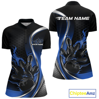 Womens quarter zip bowling shirt mockup, black and blue colorway showing flaming bowling ball hitting pins energetic design