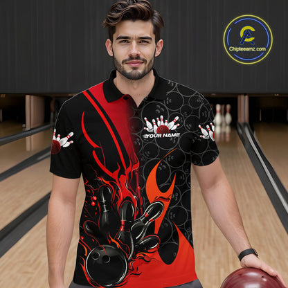 Custom Red Flame Bowling Pattern Bowling Men Polo Shirt, Bowling Team League Shirt IPHW9881