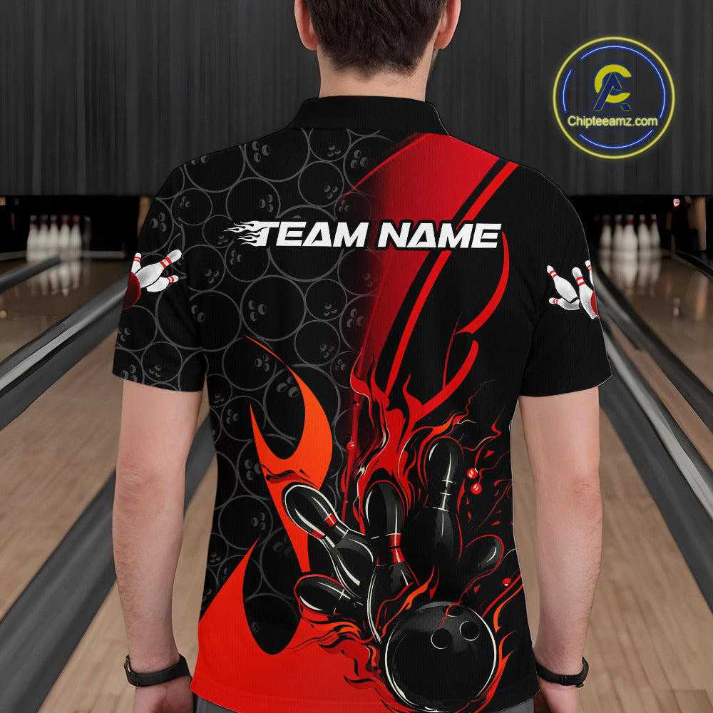 Custom Red Flame Bowling Pattern Bowling Men Polo Shirt, Bowling Team League Shirt IPHW9881