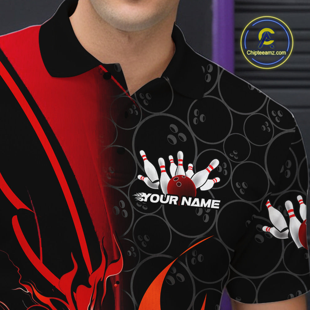 Custom Red Flame Bowling Pattern Bowling Men Polo Shirt, Bowling Team League Shirt IPHW9881
