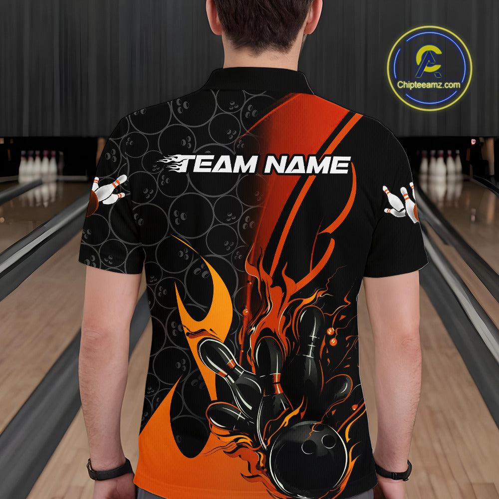 Custom Orange Flame Bowling Pattern Bowling Men Polo Shirt, Bowling Team League Shirt IPHW9883