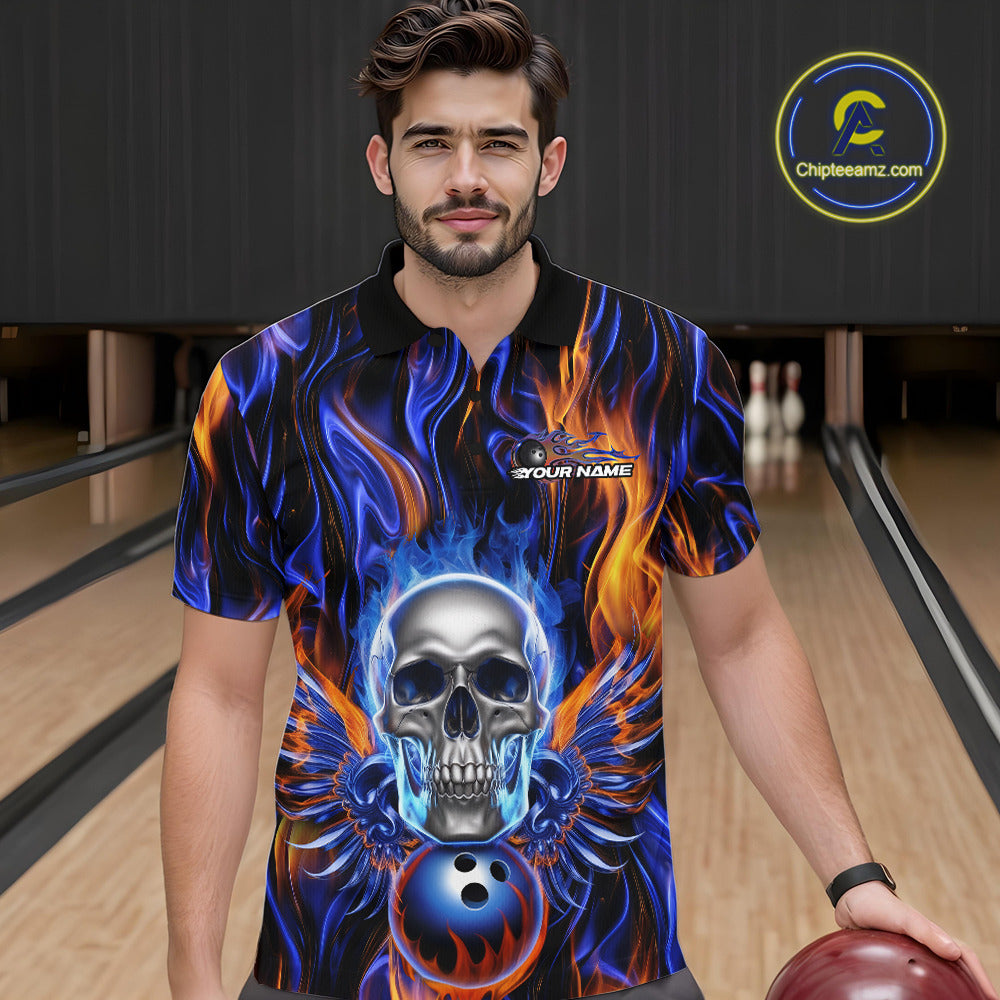Custom Blue And Yellow Fire Flame Skull Bowling Men Polo Shirts, Hallloween Bowler Outfit IPHW9889