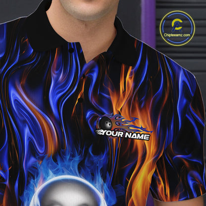 Custom Blue And Yellow Fire Flame Skull Bowling Men Polo Shirts, Hallloween Bowler Outfit IPHW9889