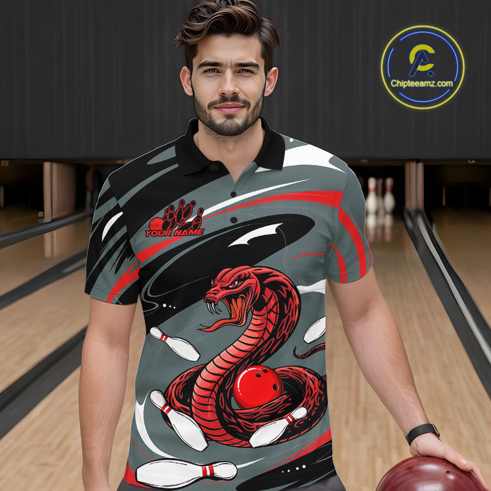 Custom Gray And Red Cobra Snake Bowling Polo Shirt For Men, Cobra Bowling Team Jersey IPHW9893