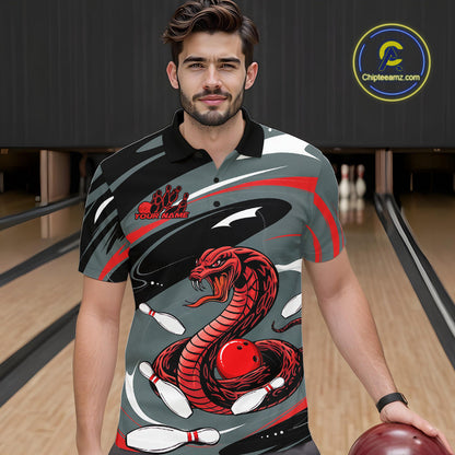 Custom Gray And Red Cobra Snake Bowling Polo Shirt For Men, Cobra Bowling Team Jersey IPHW9893