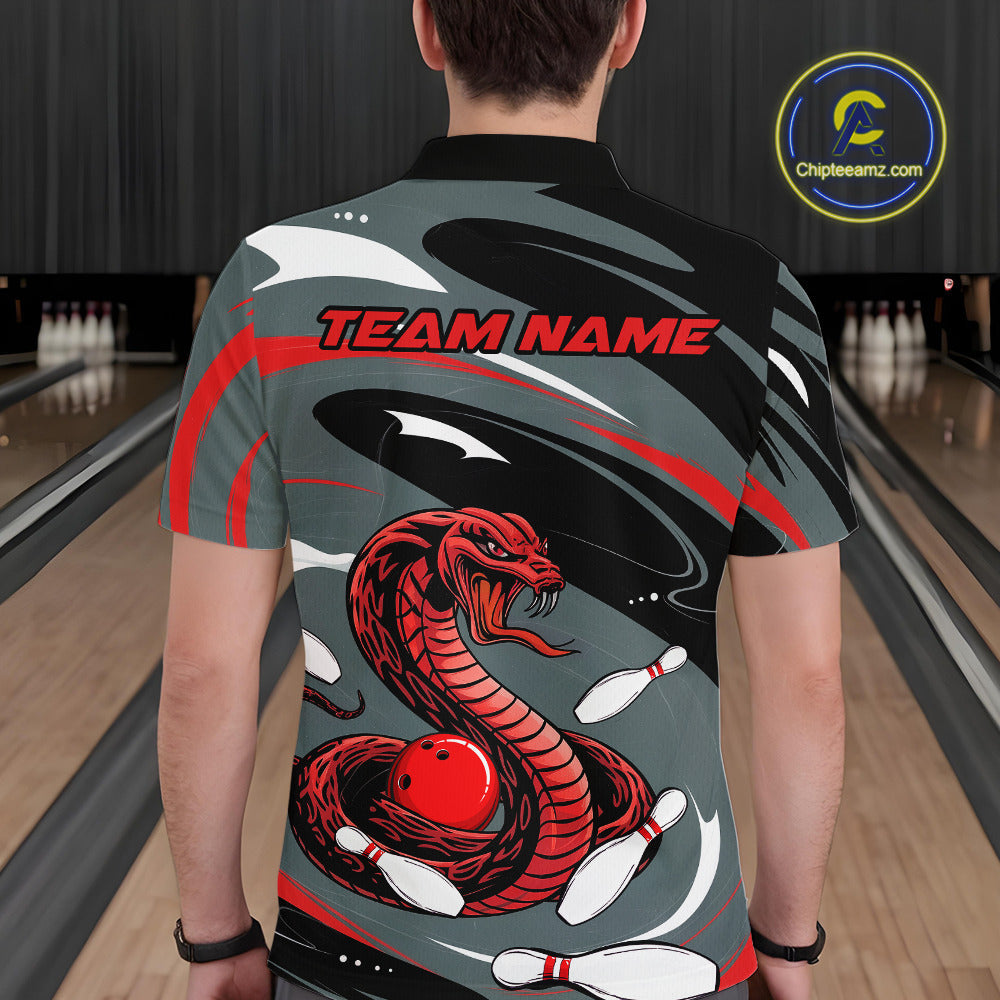 Custom Gray And Red Cobra Snake Bowling Polo Shirt For Men, Cobra Bowling Team Jersey IPHW9893