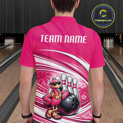 Back view of a male model in a pink bowling polo shirt displaying a tropical flamingo artwork resting against a bowling ball.