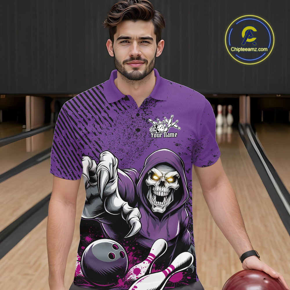Custom Purple Splatter Skeleton Grim Reaper Bowling Men Polo Shirts, Halloween Outfits IPHW9896