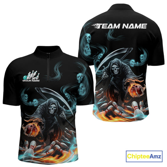 Custom Blue Skull Smoke Grim Reaper Bowling Men Quarter-Zip Shirt, Halloween Bowling Jerseys IPHW9900
