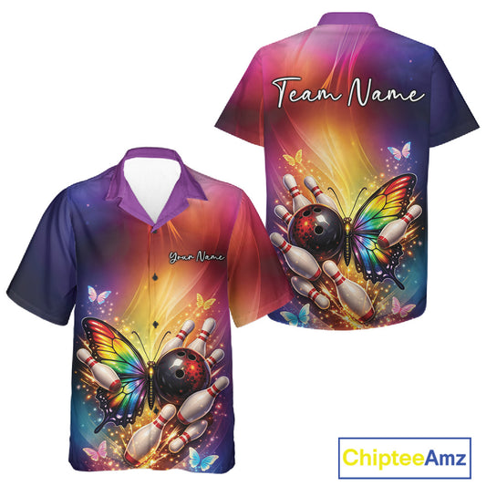 Button-up bowling shirt shown from the front and back with a rainbow butterfly beside a bowling ball and scattered bowling pins.
