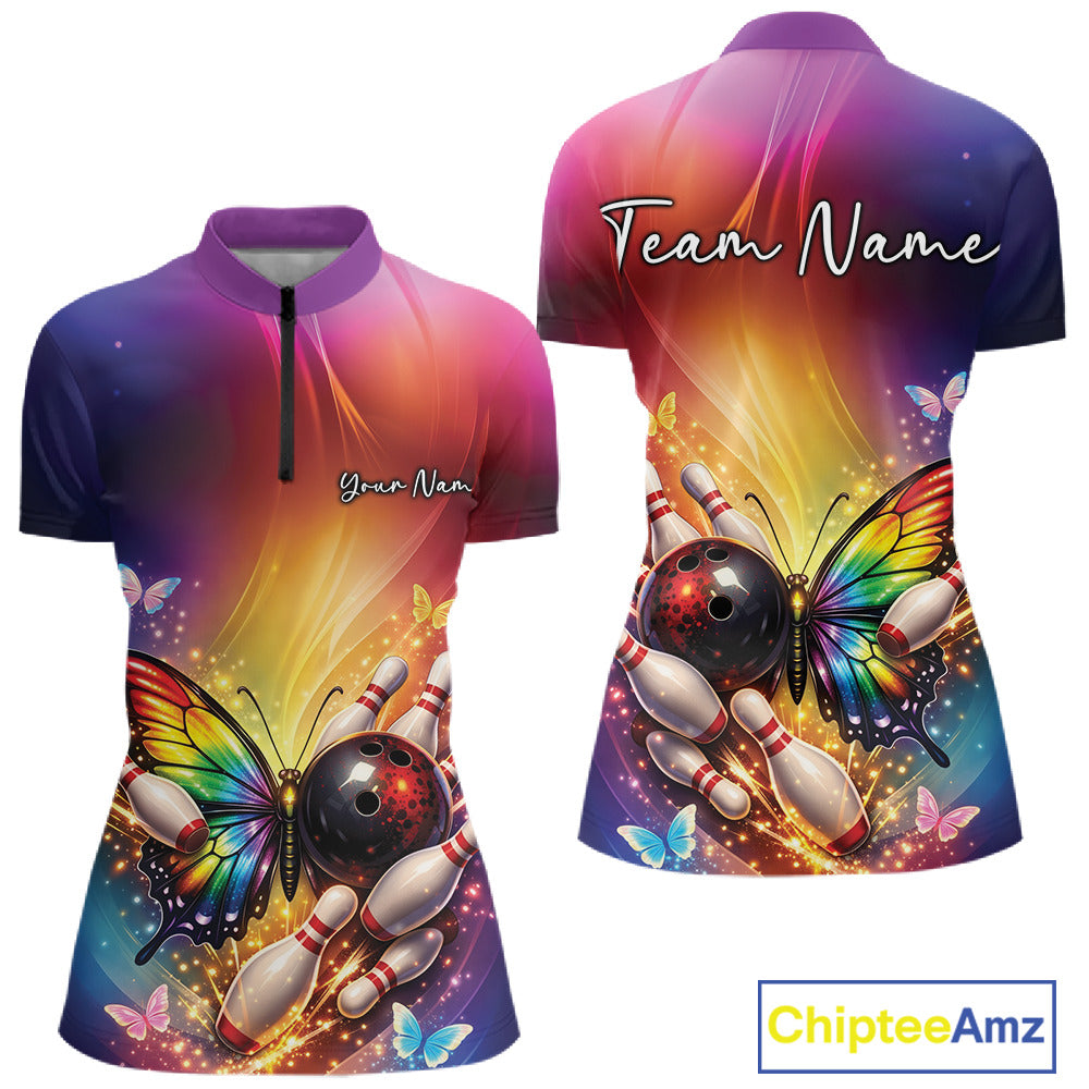 Front and back view of a women’s bowling quarter-zip shirt featuring a rainbow butterfly beside a bowling ball and scattered bowling pins.
