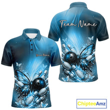 Load image into Gallery viewer, Custom Blue Butterfly Bowling Team Men Polo Shirt, Bowling League Shirt IPHW11039