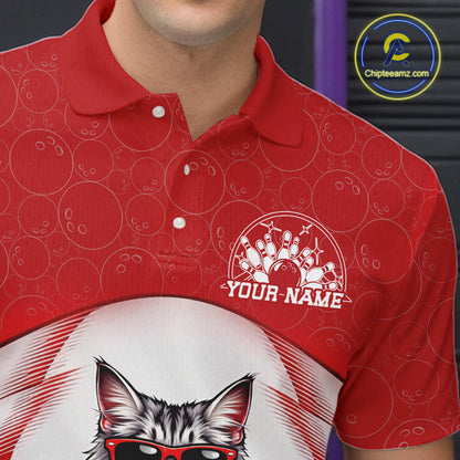Close-up left chest view of a white and red bowling polo shirt featuring a Maine Coon cat wearing sunglasses and leaning on a bowling ball.