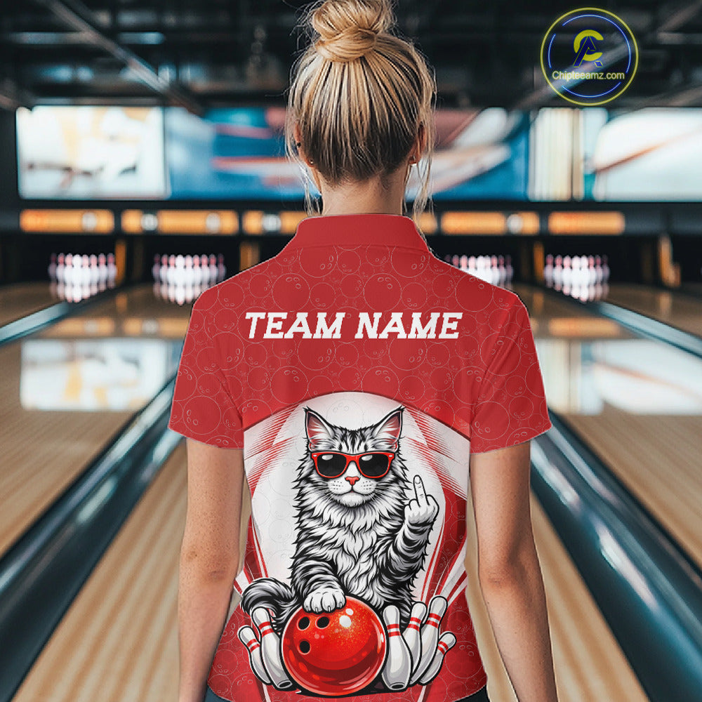 Back view of a female model wearing a quarter-zip bowling shirt showcasing a Maine Coon cat and bowling ball artwork.